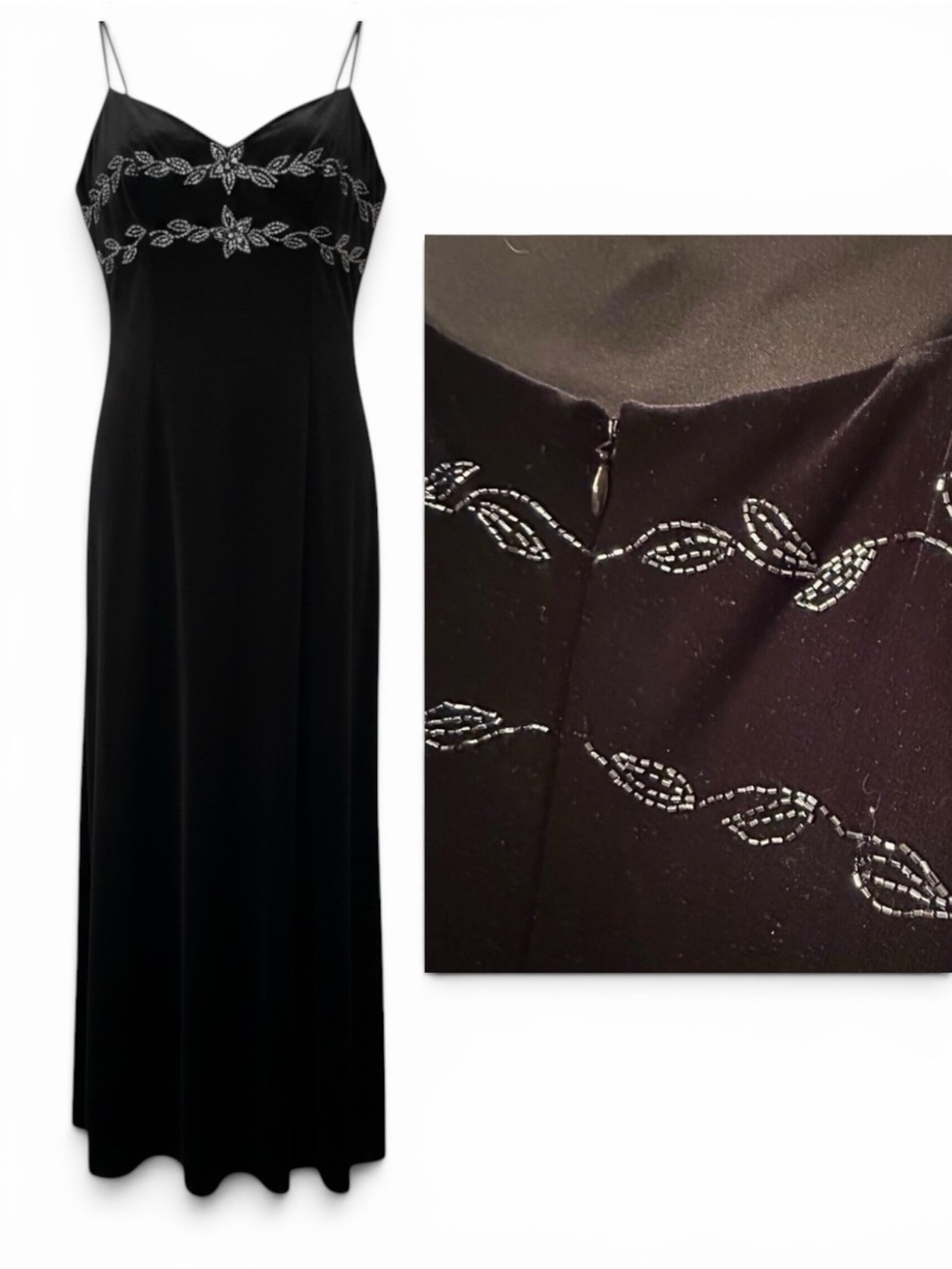 Vintage Dave & Johnny Black Velvet Beaded Maxi Slip Dress Formal Prom 10